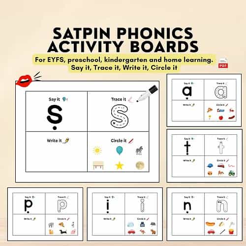 SATPIN Phonics Activity Boards Satpin Phonics Activity Boards for EYFS and homeschool learning, featuring large letters S, P, I, N with illustrations and activities like Say it, Trace it, Write it, Circle it.