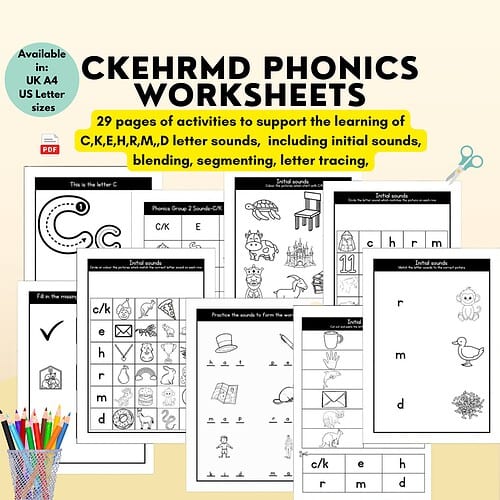 CKEHRMD Worksheets Homeschool Resource Co. phonics worksheets collage featuring letter sounds and activities for C/K, E/H, R/M, D with kid-friendly illustrations.