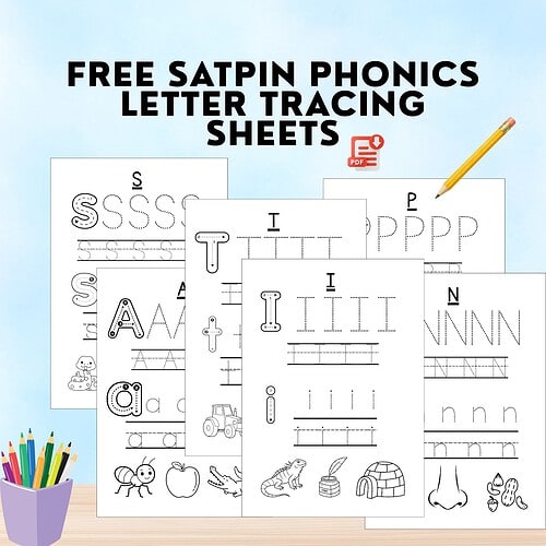 Free SATPIN phonics letter tracing sheets for handwriting practice featuring letter outlines and tracing lines with colorful pencils and cartoon images.