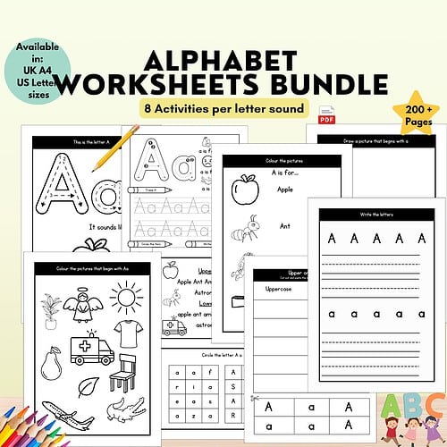 alphabet Worksheets Bundle Alphabet Worksheets Bundle for early learners featuring letter A activities, coloring pages, tracing, and handwriting practice to support homeschool education.