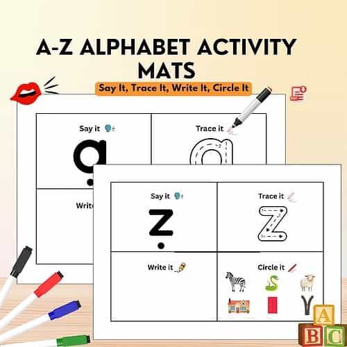 Alphabet Activity Mats A-Z A-Z Alphabet Activity Mats for homeschooling; includes large letter blocks for Say It, Trace It, Write It, and Circle It activities with colorful markers and icons.