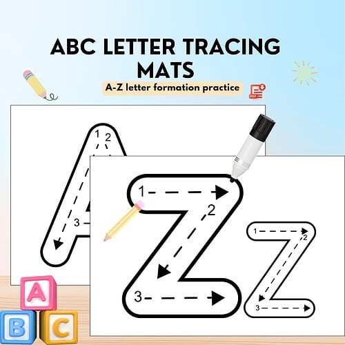 Alphabet Tracing Mats ABC letter tracing mats for A-Z: handwriting practice worksheet featuring bold outlined Z with dashed lines and arrows.