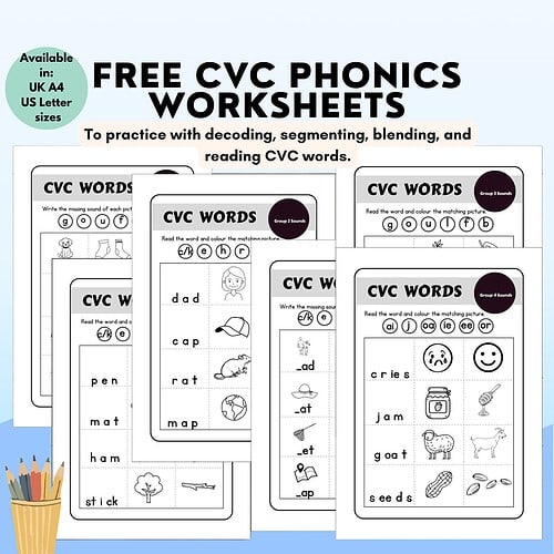 Free CVC phonics worksheets for practicing decoding, blending, and reading CVC words from Homeschool Resource Co., featuring simple illustrations and word lists.