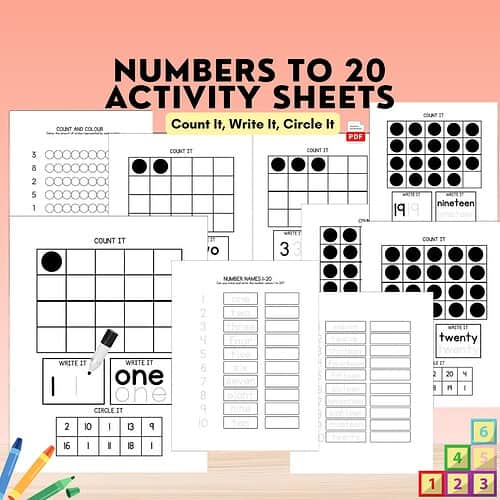 Numbers to 20 Activity Sheets Numbers to 20 activity sheets for homeschooling; black and white grids, circles to fill, counting and writing practice from Homeschool Resource Co.