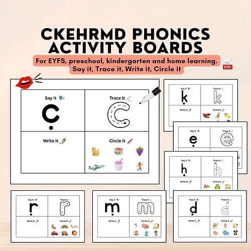 CKEHRMD Activity Boards Ckehrmd Phonics Activity Boards for early readers, featuring Say it, Trace it, Write it, and Circle it prompts for letters C, E, H, R, M, N with colorful illustrations and kid-friendly design.