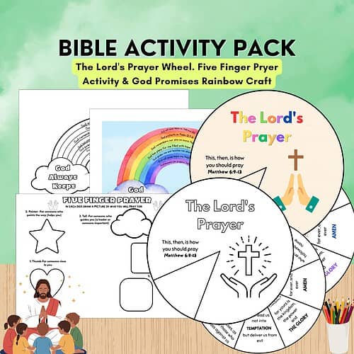 The Lord's Prayer activity pack for homeschool use with rainbow colors, circles, and prayer-themed worksheets.