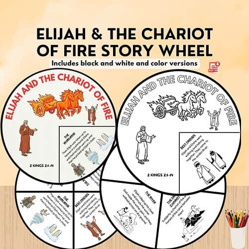 Elijah and Elisha Story Wheel Elijah & the Chariot of Fire Story Wheel graphic showing black-and-white and color versions with circular panels.