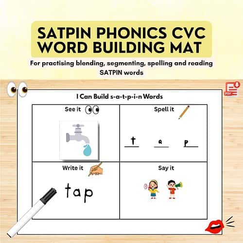 SATPIN CVC Mat Satpin Phonics CVC Word Building Mat for practicing blending, segmenting, spelling and reading SATPIN words.