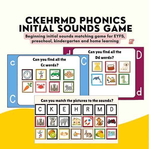 CKEHRMD initial sounds game CD/CKEHRMD phonics initial sounds game for EFL and homeschooling; colorful cards show pictures and letters to match initial sounds for preschool and home learning.