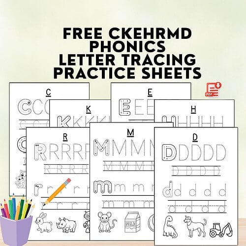 Homeschool Resource Co. letter tracing practice sheets for C to K and animals, pencils, and blocks visuals for early learning.