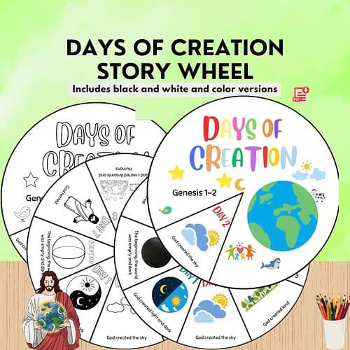 Days of Creation Story Wheel Days of Creation Story Wheel educational resource featuring colorful circular diagrams and Earth globe, ideal for homeschooling and Bible curriculum.