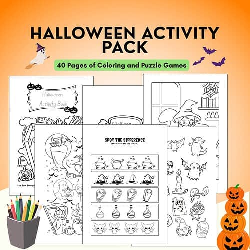 Halloween Activity Pack Halloween activity pack coloring and puzzle pages for homeschoolers featuring pumpkins, witches, ghosts, and spooky scenes from Homeschool Resource Co.
