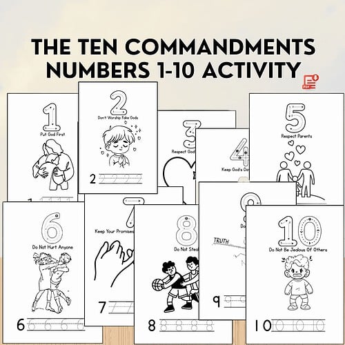 Ten Commandments Numbers 1-10 Activity The Ten Commandments Numbers 1-10 activity cards for homeschool use, featuring simple black-and-white illustrations and playful typography.