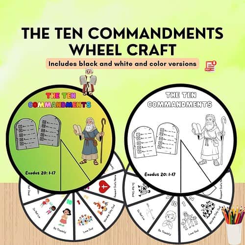 10 Commandments Wheel Craft for Kids The Ten Commandments Wheel Craft image for homeschool resource co. showing colorful circular wheels with The Ten Commandments label, illustrations, and a worksheet layout in green and white, designed.
