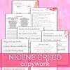 Nicene Creed Memory Pack Nicene Creed copywork pages for homeschool resources, featuring handwritten-style lines and religious text on a pink background.