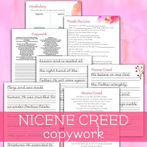 Nicene Creed Memory Pack Nicene Creed copywork pages for homeschool resources, featuring handwritten-style lines and religious text on a pink background.