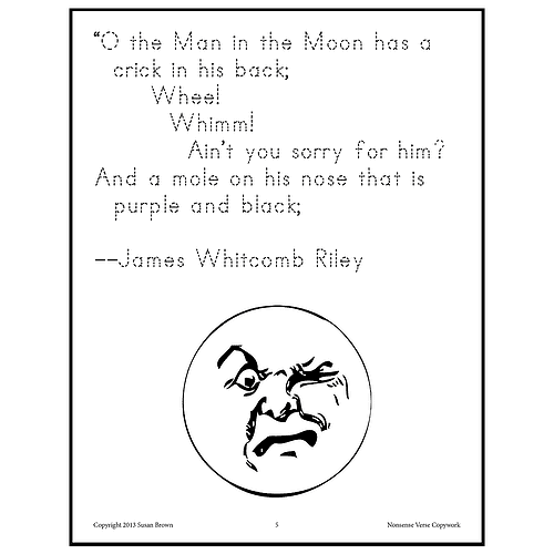 Quote page featuring a whimsical line from James Whitcomb Riley and a circular sketch of a distressed face, copyright note, and page number.