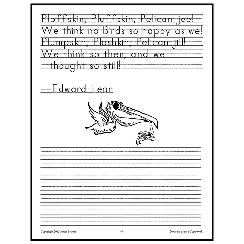 Bird Illustration Page Illustration of a pelican and chick with lines of text above and below, from Homeschool Resource Co.