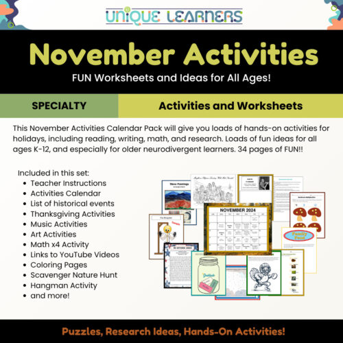 November Activities_Details November Activities Calendar Pack