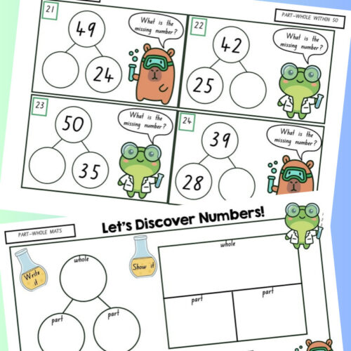 Educational math worksheet for kids focusing on number recognition and addition, featuring colorful characters and engaging activities.