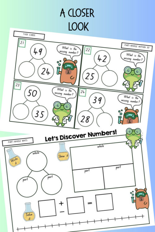 Number Lab collage Educational math worksheet for kids focusing on number recognition and addition, featuring colorful characters and engaging activities.