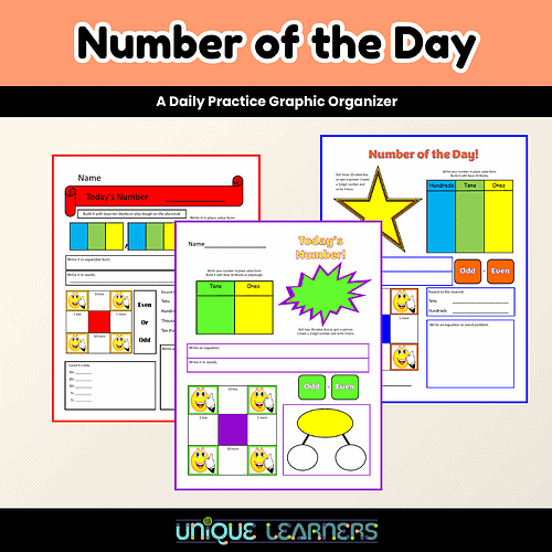 Number of the Day_Overview TITLE Number of the Day: daily practice graphic organizer for homeschool learning, featuring colorful boxes, starburst title, and smiley icons.