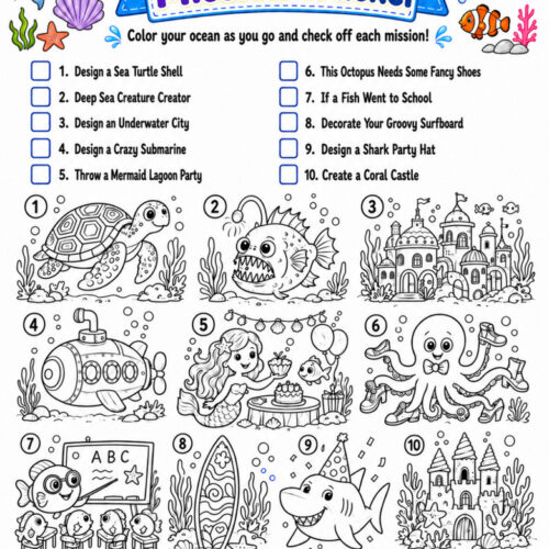 My Ocean Mission Tracker illustration featuring sea creatures, treasure, and underwater scenes for homeschool exploration.