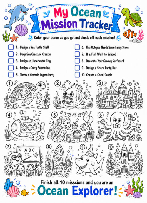 Ocean mission tracker My Ocean Mission Tracker illustration featuring sea creatures, treasure, and underwater scenes for homeschool exploration.