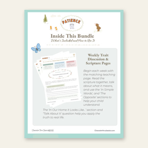 Inside This Bundle by Homeschool Resource Co. showcasing weekly trait discussion pages and scripture prompts for patience and character growth.