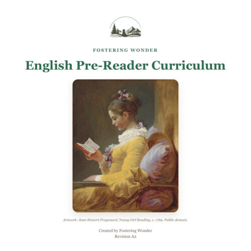 English Pre-Reader Curriculum Cover Cover of English Pre-Reader Curriculum by Fostering Wonder featuring a girl reading a book.