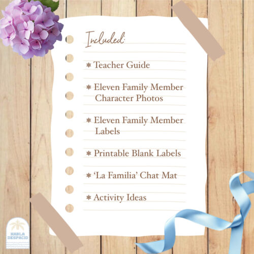 Homeschool Resource Co. Image Sheet Homeschool Resource Co. printable list with teacher guide, family member photos, labels, chat mat, and activity ideas on a wooden background.