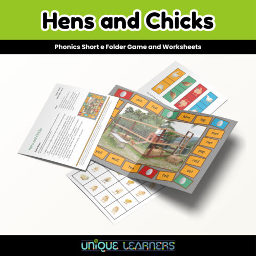 Product_Overview TITLE Hens and Chicks phonics short folder game and worksheets for homeschooling, featuring colorful letter tiles and a photo of the learning activity.
