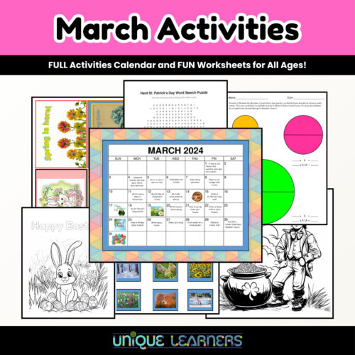 Product_Overview TITLE March activities calendar and worksheets for homeschooling, including puzzles, coloring pages, and themed educational resources for all ages.