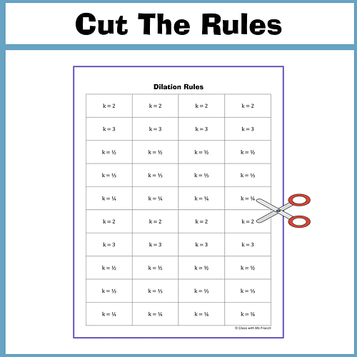 Projects PT Homeschool Rigid Motions_5 Dilation Rules worksheet for math, featuring a grid of k values and a pair of scissors icon, optimized for homeschool lesson resources.