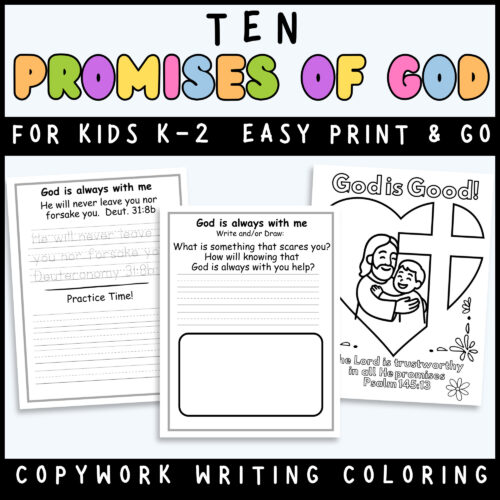 Promises of God Cover 1a Printable kids' activity pages featuring promises of God for children in grades K-2, including writing, drawing, and coloring exercises.