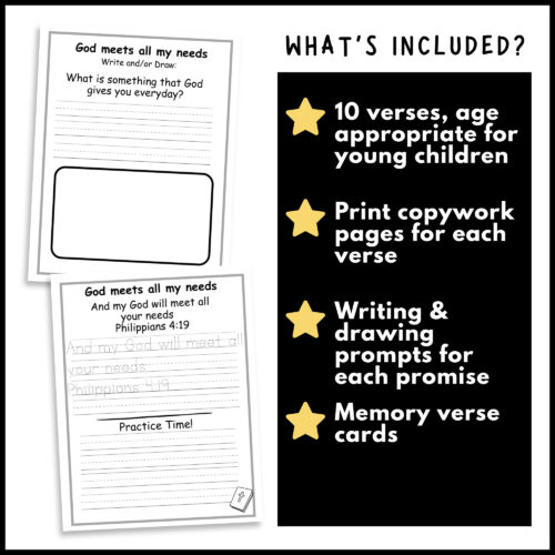 Homeschool Resource Co. printable worksheet with Bible verse and prompts for young children, featuring a black and white design with gold star icons.