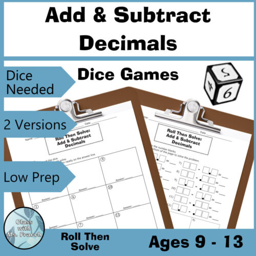 RTS PT Homeschool Add & Subtract Decimals_1 Homeschool Resource Co. image about Add & Subtract Decimals with 2 dice and printable worksheets for ages 9-13.