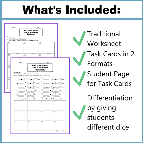 Traditional worksheet and task cards for Roll Them Solve Add & Subtract Decimals, featuring two formats and student pages for card differentiation.