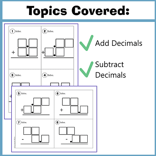 RTS PT Homeschool Add & Subtract Decimals_3 Homeschool Resource Co. worksheet page showing decimal addition and subtraction visuals for unit practice.