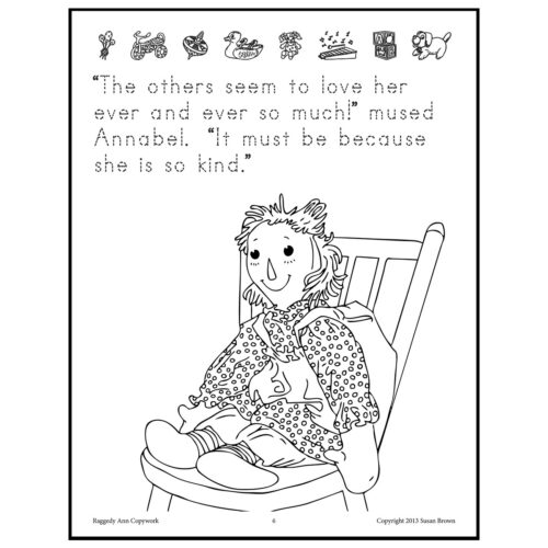 Smiling child sitting in a rocking chair with a cozy dress, line art drawing for homeschooling themes.