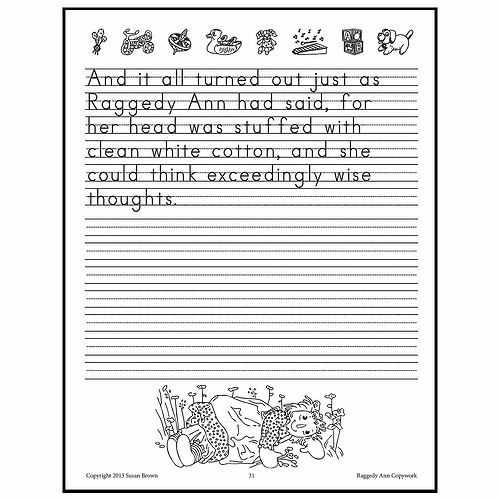 Raggedy Ann Story Page Page from a children’s workbook featuring lined writing with Raggedy Ann illustrations at the top and bottom, and copyrighted note at the bottom.