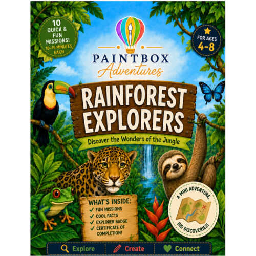 Rainforest Explorers cover, square Rainforest Explorers by Paintbox Adventures for ages 4-8: a vibrant jungle scene with a jaguar, frog, toucan, and monkey around a wooden sign reading Rainforest Explorers, promoting adventures and big.