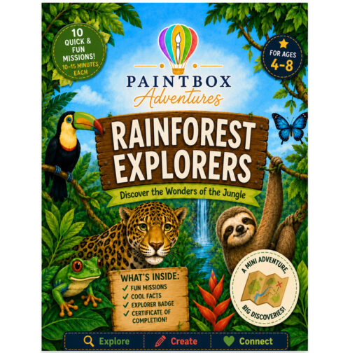Rainforest Explorers cover, square Rainforest Explorers by Paintbox Adventures for ages 4-8: a vibrant jungle scene with a jaguar, frog, toucan, and monkey around a wooden sign reading Rainforest Explorers, promoting adventures and big.