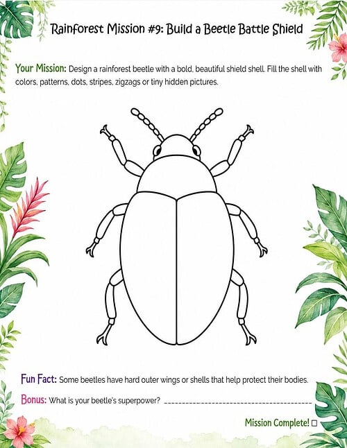 Rainforest Mission 9 beetle shield Beetle illustration for RainForest Mission #9: Build a Beetle Battle Shield with bold, colorful surrounding foliage and mission text.