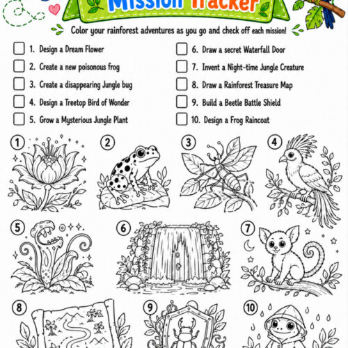 Rainforest Explorer Mission Tracker page with colorful illustrations of a butterfly, parrot, frog, jaguar, toucan, and jungle plants for homeschool activity.