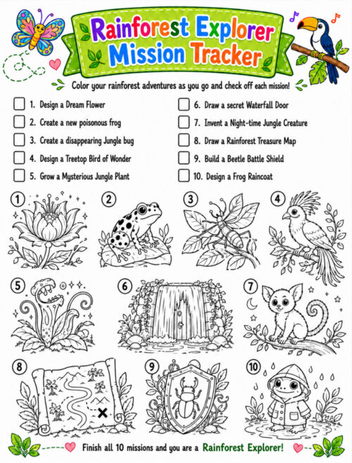 Rainforest mission tracker Rainforest Explorer Mission Tracker page with colorful illustrations of a butterfly, parrot, frog, jaguar, toucan, and jungle plants for homeschool activity.