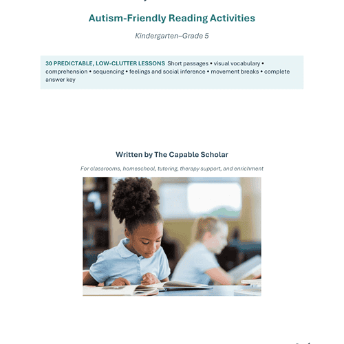 Read, Think Do_ Autism-Friendly Reading Activities K–5 Cover Young girl reading a book in a classroom setting, promoting autism-friendly reading activities for kindergarten to grade 5.