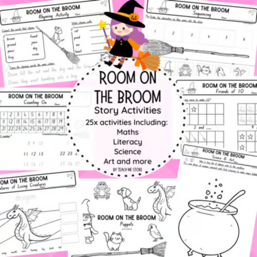 Room on the Broom themed activity pages for homeschool learning, featuring witches, dragons, and magical activities across maths, literacy, science, and art.
