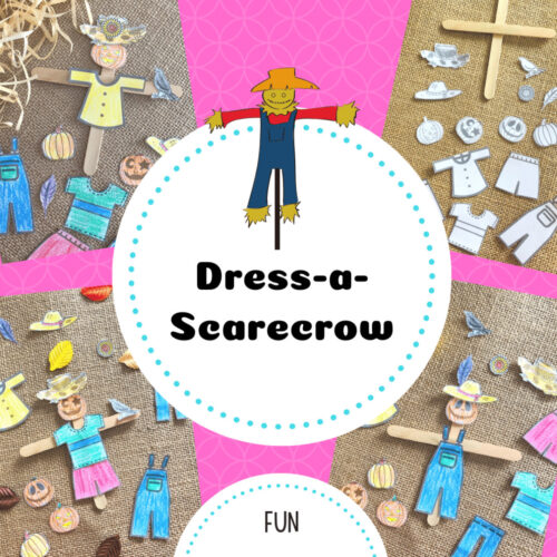 Scarecrow TPT Dress-a-Scarecrow craft activity for homeschool learning, featuring a central circular label with a scarecrow illustration and bright pink patterned background.