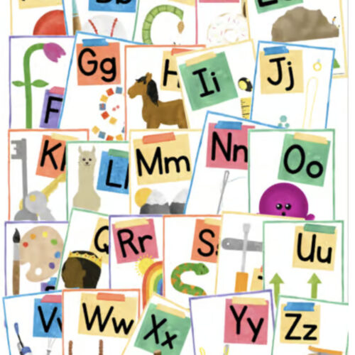 Colorful alphabet flashcards for homeschooling, featuring letters A to Z with images like a horse, rainbow, and paint palette, designed for early learning.